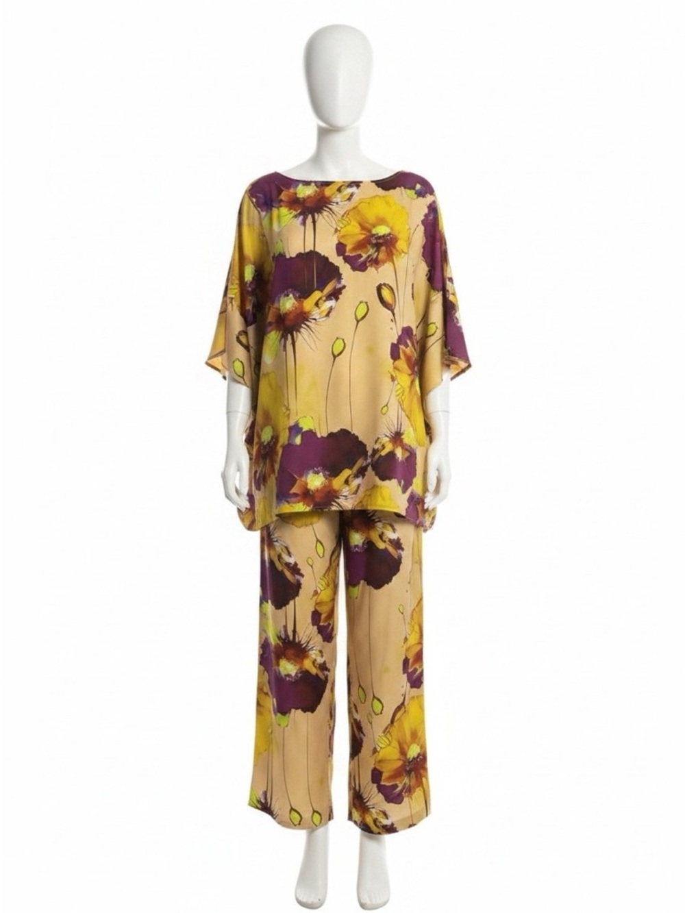 Abstract Floral Purple Yellow Cream Flowy Women’s Pant Set - Size 1XL